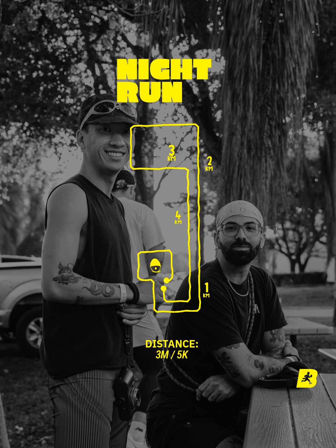 Bandidos Run Club route map: a 3 mile / 5K loop shaped like a '7' with kilometer markers, starting and ending at Tripping Animals Brewing